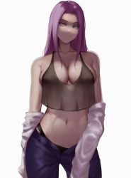 Rule 34 | 1girl, absurdres, bad id, bad pixiv id, black panties, blue pants, breasts, cleavage, collarbone, contrapposto, cowboy shot, crop top, denim, fate/grand order, fate (series), grey eyes, highleg, highleg panties, highres, jeans, large breasts, long hair, medusa (fate), medusa (rider) (fate), navel, no bra, off shoulder, open clothes, open fly, open shirt, panties, pants, purple hair, solo, stomach, toned, underwear, zaki (zaki btw)
