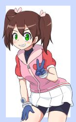Rule 34 | 1girl, bike shorts, breasts, brown hair, gloves, green eyes, hand on leg, hand on own leg, hand on own thigh, hand on thigh, highres, jacket, leaning forward, legs, looking at viewer, saru getchu, sayaka (saru getchu), skirt, small breasts, smile, solo, thighs, twintails, v