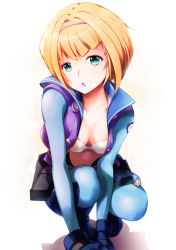 Rule 34 | 10s, 1girl, aqua eyes, belt pouch, blonde hair, bra, breasts, chestnut mouth, cleavage, downblouse, gloves, hairband, heavy object, highres, long sleeves, looking at viewer, mayonaka taruho, milinda brantini, open clothes, open mouth, pants, pouch, short hair, small breasts, solo, squatting, stomach, underwear, white background, white bra
