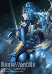 Rule 34 | 1girl, alternate costume, alternate eye color, alternate hair color, alternate hair length, alternate hairstyle, armor, artist name, ass, blue hair, blurry, bodysuit, brown eyes, closed mouth, cowboy shot, crystal, dantewontdie, depth of field, faulds, floating, floating object, from behind, frostblade irelia, glint, glowing, half-closed eyes, headgear, ice, irelia, league of legends, light smile, machinery, motion blur, neon trim, pauldrons, profile, realistic, short hair, shoulder armor, shoulder pads, solo, sparkle, standing, watermark, web address