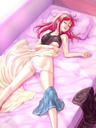 Rule 34 | 1girl, bed, blanket, breasts, clothes lift, drooling, closed eyes, groin, highres, katou marika, long hair, lying, miniskirt pirates, on back, oofuji wataru, open mouth, panties, panty pull, partially undressed, pink hair, school uniform, shirt lift, skirt, skirt around one leg, sleeping, smile, solo, sunlight, tank top, underboob, underwear