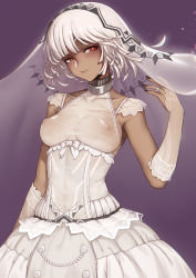 Rule 34 | 10s, 1girl, altera (fate), arm at side, armpits, bare shoulders, blush, breasts, bridal gauntlets, bridal veil, collarbone, covered erect nipples, covered navel, dark-skinned female, dark skin, detached sleeves, elbow gloves, evan yang, fate/extella, fate/extra, fate/grand order, fate (series), gloves, halterneck, head tilt, highres, light smile, lips, looking at viewer, medium breasts, nail polish, no bra, purple background, red eyes, see-through, short hair, sideboob, veil, white gloves, white hair