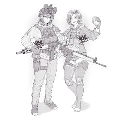 Rule 34 | 2024, 2girls, absurdres, ammunition pouch, artist name, assault rifle, beer can, black gloves, black panties, black thighhighs, blush, body armor, borrowed character, can, character request, combat helmet, commentary, dated, drink can, english commentary, feet, gloves, gun, hand on another&#039;s shoulder, helmet, highres, knee pads, medium hair, multiple girls, night vision device, one eye closed, open mouth, original, panties, pouch, rifle, shoes, signature, smile, soldier, stirrup legwear, tarola (xrnl2018), teeth, thigh pouch, thighhighs, thumbs up, tiptoes, toeless legwear, toenails, toes, underwear, unfinished, upper teeth only, weapon, weapon request, white background, xrnl2018
