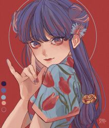Rule 34 | 1girl, blue shirt, butterfly hair ornament, chinese clothes, closed mouth, color guide, double bun, floral print, flower, from side, hair bun, hair ornament, hand up, high collar, highres, kagoya1219, long hair, looking at viewer, looking to the side, nail polish, purple eyes, purple hair, purple nails, ranma 1/2, red background, red flower, red tulip, shampoo (ranma 1/2), shirt, short sleeves, signature, solo, tulip, upper body
