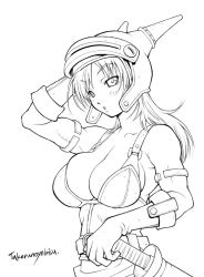 Rule 34 | 1girl, armlet, armor, bare shoulders, belt, blush, breasts, cleavage, daisy (dq), dragon quest, dragon quest yuusha abel densetsu, fake horns, gloves, greyscale, helmet, horned helmet, horns, huge breasts, long hair, looking at viewer, monochrome, parted lips, sheath, sheathed, simple background, solo, square enix, sword, takerunoyebisu, upper body, weapon