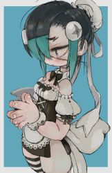 Rule 34 | 1girl, bibi-chan (ebimomo), black bow, black bowtie, black hair, blue background, border, bow, bowtie, breasts, brown eyes, cowboy shot, detached sleeves, ebimomo, fingernails, from side, green hair, hands up, hat, highres, object through head, original, own hands together, parted lips, profile, puffy detached sleeves, puffy short sleeves, puffy sleeves, screw in head, short sleeves, simple background, small breasts, solo, standing, stitched arm, stitched face, stitched leg, stitches, tears, white border, white hat, wristband