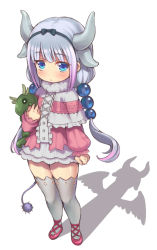 Rule 34 | 1girl, :/, arm at side, beads, blue hair, blush, capelet, clenched hand, closed mouth, different shadow, dragon horns, dragon tail, full body, gradient hair, hair beads, hair ornament, hairband, highres, holding, holding stuffed toy, horns, kanna kamui, kanna kamui (dragon) (maidragon), kobayashi-san chi no maidragon, light purple hair, looking at viewer, low twintails, multicolored hair, piano-alice, pink footwear, shoes, silhouette, solo, standing, stuffed animal, stuffed dragon, stuffed toy, tail, thighhighs, twintails, white background, white thighhighs