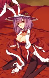 Rule 34 | 1girl, alternate costume, bed, breasts, playboy bunny, cleavage, female focus, gloves, hat, large breasts, nagae iku, pantyhose, pillow, purple hair, red eyes, santa costume, shiren, shiren (monochrome structure), short hair, sitting, solo, touhou, wariza, white gloves