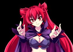 Rule 34 | 1girl, 2017, arcana heart, artist request, black background, blush, bra, breasts, cape, chinese commentary, cleavage, detached sleeves, highres, long hair, looking at viewer, midriff, outstretched arms, pixiv3297781, purple bra, purple cape, red eyes, red hair, scharlachrot, solo, twintails, underwear, upper body, v-shaped eyebrows