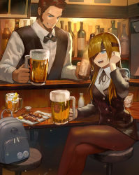 Rule 34 | 1boy, 1girl, backpack, bag, beard, beer mug, black ribbon, black vest, blouse, blue eyes, blush, bottle, bow, bowtie, brown hair, brown jacket, brown pantyhose, canking, collared shirt, commentary request, cup, drinking glass, eyepatch, facial hair, fate/grand order, fate (series), food, forehead, fou (fate), grin, hair over one eye, highres, holding, holding cup, ice, ice cube, jacket, long hair, long sideburns, long sleeves, mash kyrielight, mug, napoleon bonaparte (fate), neck ribbon, open mouth, ophelia phamrsolone, pantyhose, ribbon, riyo (lyomsnpmp) (style), shirt, sideburns, sitting, smile, stool, vest, white shirt