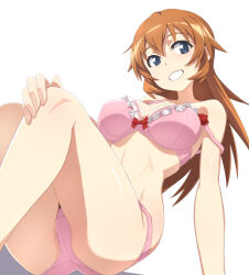 Rule 34 | 1girl, ass, blue eyes, blush, bra, breasts, charlotte e. yeager, crotch, grin, large breasts, long hair, looking at viewer, nanashino, orange hair, panties, pink bra, pink panties, shiny skin, simple background, smile, solo, strike witches, underwear, white background, world witches series