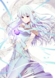 Rule 34 | 1girl, bare shoulders, blue hair, cape, crml orng, dress, fire emblem, fire emblem: the blazing blade, hair ornament, highres, long hair, looking at viewer, ninian, nintendo, red eyes, smile, solo, stone