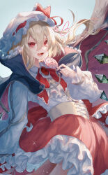 Rule 34 | 1girl, absurdres, black cape, blonde hair, blue sky, blush, bow, candy, cape, clear sky, collared shirt, cowboy shot, crystal, flandre scarlet, food, frilled shirt collar, frilled skirt, frills, hat, hat bow, highres, holding, holding candy, holding food, holding lollipop, juliet sleeves, layered skirt, lollipop, long sleeves, medium hair, mob cap, open mouth, puffy sleeves, red bow, red eyes, red skirt, shirt, skirt, sky, smile, solo, standing, toku kekakewanko, touhou, white hat, white shirt, wrist cuffs, yellow corset