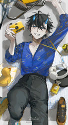 Rule 34 | 1boy, black footwear, black hair, black pants, blue shirt, bottle, camera, collarbone, head tilt, headphones, highres, holding, holding camera, horns, jewelry, k00s, lying, male focus, on back, oni horns, original, pants, parted lips, pectoral cleavage, pectorals, perfume bottle, ring, rubber duck, shirt, shirt tucked in, shoes, short hair, smile, sneakers, solo