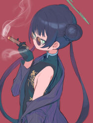 Rule 34 | 1girl, black dress, black gloves, black hair, blue archive, breasts, china dress, chinese clothes, cigar, coat, commentary request, double bun, dress, gloves, green eyes, hair bun, halo, highres, holding, holding cigar, kisaki (blue archive), long hair, long sleeves, looking at viewer, multicolored hair, open clothes, open coat, purple hair, red background, round eyewear, signalviolet, simple background, sketch, small breasts, smoke, smoking, solo, striped, striped coat, twintails, upper body, very long hair