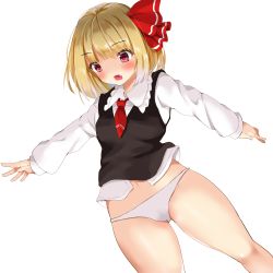 Rule 34 | 1girl, ascot, black vest, blonde hair, fang, fujiko (emnprmn), hair ribbon, highres, navel, no pants, outstretched arms, panties, red eyes, red ribbon, ribbon, rumia, shiny skin, short hair, solo, spread arms, touhou, underwear, vest, white panties