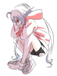 Rule 34 | 10s, 1girl, ahoge, arm up, bad id, bad pixiv id, black shorts, crossed ankles, eyebrows, frown, full body, hand on own head, hood, hoodie, hugging own legs, ignica, long hair, looking down, low-tied long hair, no socks, profile, red eyes, senki zesshou symphogear, shoes, shorts, sitting, solo, twintails, very long hair, white background, white footwear, white hair, yukine chris