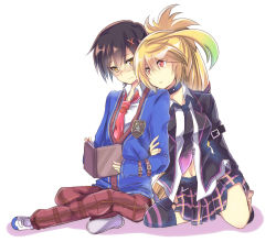 Rule 34 | 1boy, 1girl, alternate costume, alternate hairstyle, bespectacled, black hair, black jacket, black neckwear, black thighhighs, blonde hair, blue hair, blue jacket, blush, book, brown eyes, glasses, hair ornament, hairclip, holding, holding another&#039;s arm, holding book, jacket, jude mathis, kneeling, long sleeves, milla maxwell, multicolored hair, necktie, official alternate costume, open book, ponytail, pout, red eyes, red neckwear, rento (rukeai), school uniform, sitting, striped clothes, striped thighhighs, tales of (series), tales of xillia, tales of xillia 2, thighhighs, vertical-striped clothes, vertical-striped thighhighs