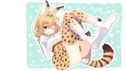 Rule 34 | 10s, 1girl, ;d, animal ears, animal print, ankle boots, artist name, ass, bare shoulders, black bow, black hair, blonde hair, blush, boots, bow, bowtie, breasts, buttons, cat ears, cat tail, copyright name, elbow gloves, foreshortening, full body, gloves, high-waist skirt, highres, inuzumi masaki, kemono friends, legs up, leopard print, lying, medium breasts, multicolored clothes, multicolored gloves, multicolored hair, multicolored legwear, on back, one eye closed, open mouth, paw pose, paw print, paw print background, red eyes, serval (kemono friends), serval print, serval tail, shirt, short hair, skirt, sleeveless, sleeveless shirt, smile, solo, streaked hair, tail, thighs, translation request, twitter username, white footwear, white shirt