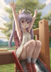 Rule 34 | 1girl, antenna hair, armpits, arms up, artist name, backpack, bag, blush, bow, chestnut mouth, child, cloud, collarbone, convenient leg, day, dress, grass, highres, loafers, long hair, miyauchi renge, non non biyori, novcel, open mouth, outdoors, playground, purple hair, randoseru, red eyes, red footwear, shoes, sitting, sleeveless, sleeveless dress, slide, socks, solo, thighs, tree, twintails, watermark, web address, white dress, white socks