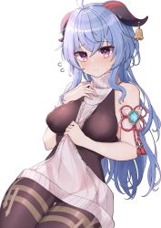 Rule 34 | 1girl, absurdres, ahoge, bare shoulders, between breasts, blue hair, blush, bodystocking, breasts, closed mouth, cowboy shot, flower knot, flying sweatdrops, ganyu (genshin impact), genshin impact, grey sweater, hand on own chest, highres, horn bell, horn ornament, horns, long hair, medium breasts, meme attire, nervous smile, pomp (qhtjd0120), purple eyes, red ribbon, ribbon, sleeveless, smile, solo, sparkle, sweater, tassel, thigh gap, very long hair, virgin killer sweater