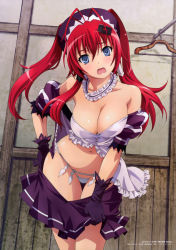 Rule 34 | 1girl, absurdres, ahoge, bare shoulders, black gloves, blue eyes, breasts, cleavage, clothes hanger, clothes pull, gloves, hair ornament, hat, highres, hyakka ryouran samurai girls, large breasts, leaning forward, long hair, navel, off shoulder, official art, open mouth, panties, red hair, rin-sin, scan, shiny skin, skirt, skirt pull, solo, thigh gap, underwear, undressing, white panties, yagyuu juubei (hyakka ryouran)