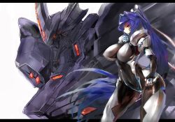 Rule 34 | 1girl, arched back, blue eyes, blue hair, bodysuit, breasts, covered erect nipples, cowboy shot, glowing, gond, hair intakes, hair ribbon, highres, large breasts, letterboxed, long hair, matching hair/eyes, mecha, mitsurugi meiya, muv-luv, muv-luv alternative, pilot suit, ponytail, ribbon, robot, shiny clothes, skin tight, solo, standing, takemikaduchi, very long hair, white background, wide hips