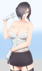 Rule 34 | 1girl, absurdres, ark royal (azur lane), azur lane, bare arms, bare shoulders, black hair, black skirt, black thighhighs, blue background, blue eyes, breasts, cleavage, collarbone, commentary request, corset, cowboy shot, female focus, foguba, garter straps, gloves, gradient background, grey background, hair between eyes, hair over one eye, hand up, heavy breathing, highres, large breasts, looking at viewer, midriff, miniskirt, neck, open mouth, pencil skirt, short hair, side slit, sidelocks, skirt, solo, standing, strapless, sweat, thighhighs, white corset, white gloves, zettai ryouiki