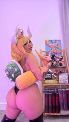 Rule 34 | 1girl, absurdres, arm tattoo, ass, back tattoo, blonde hair, bowsette, bracelet, cosplay, crown, highres, horns, huge ass, jewelry, looking at viewer, looking back, mario (series), new super mario bros. u deluxe, nintendo, nnnnekochan, photo (medium), piercing, real life, solo, spiked bracelet, spiked shell, spikes, super crown, tagme, tail, tattoo, tattoo on back, thick thighs, thighs, tongue, tongue out, tongue piercing