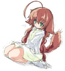 Rule 34 | 1girl, ahoge, animal ears, between legs, blush, braid, breasts, brown hair, closed mouth, dog ears, dog tail, dress, dutch angle, embarrassed, female focus, flying sweatdrops, full body, green eyes, hair between eyes, hand between legs, huge ahoge, jacket, kneeling, legs together, long hair, long sleeves, looking at viewer, mutoo, open clothes, open jacket, original, seiza, simple background, sitting, small breasts, socks, solo, sweat, tail, tears, trembling, twin braids, v arms, white background, white jacket, white socks, yellow dress