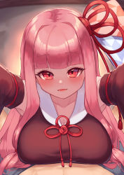 Rule 34 | 1girl, black sleeves, blunt bangs, blush, breasts, collarbone, detached sleeves, hair ribbon, highres, kotonoha akane, large breasts, long hair, looking at viewer, lower teeth only, navel, open mouth, outstretched arms, pink hair, pov, red eyes, red ribbon, ribbon, smile, solo focus, teeth, totorosu, voiceroid