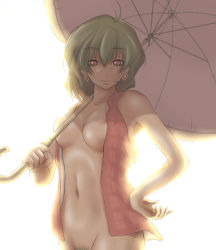 Rule 34 | 1girl, ao usagi, backlighting, bottomless, breasts, breasts apart, earrings, female focus, female pubic hair, green hair, hand on own hip, hip focus, jewelry, kazami yuuka, naked shirt, naked vest, navel, nipples, no bra, open clothes, open shirt, open vest, out-of-frame censoring, parasol, plaid, plaid vest, pubic hair, red eyes, shirt, short hair, simple background, smile, solo, touhou, umbrella, vest