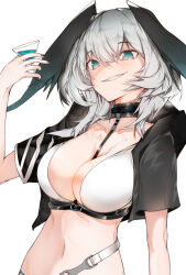 Rule 34 | 1girl, aqua eyes, arknights, black choker, black shirt, breasts, choker, cleavage, commentary request, ekuesu, grey hair, grin, head wings, highres, ho&#039;olheyak (arknights), infection monitor (arknights), large breasts, long hair, midriff, navel, open clothes, open shirt, shirt, simple background, smile, solo, stomach, upper body, white background, wings