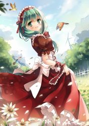 Rule 34 | 1girl, absurdres, adapted costume, alternate costume, apron, bird, blue sky, blush, clothes lift, cloud, day, dress, dress lift, enmaided, fence, flower, front ponytail, green eyes, green hair, highres, jiji (381134808), kagiyama hina, looking at viewer, maid, maid apron, maid headdress, matching hair/eyes, petals, puffy sleeves, red dress, ribbon, sash, short sleeves, skirt hold, sky, smile, solo, touhou, tree, windmill, wrist ribbon