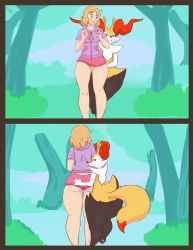 Rule 34 | 2girls, absurdres, animal ears, animal hands, ass, ass grab, blonde hair, blue background, blue eyes, blush, border, braixen, breasts, brown border, bush, creatures (company), diamond (shape), feet, fox ears, fox tail, from behind, furry, game freak, gen 6 pokemon, half-closed eyes, hands up, heart, highres, immortalstar, looking back, medium breasts, multiple girls, multiple views, nintendo, open mouth, outdoors, pink shorts, pokemon, pokemon (creature), pokemon xy, purple shirt, red eyes, serena (pokemon), shirt, short hair, short shorts, short sleeves, shorts, signature, skindentation, smile, standing, tail, teeth, text focus, tongue, tongue out, tree