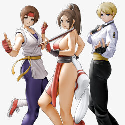 Rule 34 | 3girls, bare shoulders, belt, black bow, black bowtie, black gloves, black pants, blonde hair, blue eyes, blue pants, bow, bowtie, breasts, brown eyes, brown hair, closed mouth, dougi, fatal fury, feet out of frame, fingerless gloves, from side, gloves, grey background, hair tie, hand on own chest, headband, highres, holding, japanese clothes, king (snk), lips, long hair, long sleeves, looking at viewer, medium breasts, multiple girls, ninja, no bra, pants, parted bangs, pelvic curtain, ponytail, red footwear, red gloves, red headband, revealing clothes, ryuuko no ken, shiranui mai, shirt, shoes, short hair, sideboob, simple background, sleeveless, sleeveless shirt, smile, sneakers, standing, the king of fighters, thighs, thumbs up, tight clothes, tight pants, white shirt, x chitch, yellow belt, yuri sakazaki