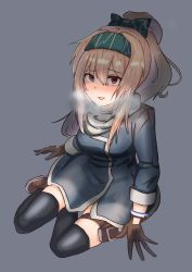 Rule 34 | 1girl, absurdres, blonde hair, blush, boots, breath, coat, eyes visible through hair, girls&#039; frontline, gloves, hair between eyes, hair ornament, hair ribbon, highres, long hair, looking at viewer, open mouth, ponytail, pouch, red eyes, ribbon, scarf, sitting, smile, solo, sv-98 (girls&#039; frontline), thigh pouch, thighhighs