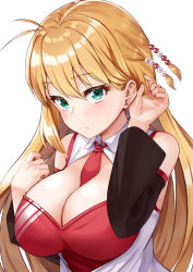 Rule 34 | 1girl, antenna hair, blonde hair, blush, breasts, cleavage, closed mouth, detached sleeves, fingernails, green eyes, hair between eyes, highres, large breasts, long hair, nail polish, necktie, red nails, red necktie, simple background, solo, tenneko yuuri, tsurumaki maki, upper body, voiceroid, white background