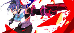 Rule 34 | 1girl, black gloves, blue eyes, blue hair, bow, chain, detached sleeves, earrings, gloves, gun, hair intakes, handgun, holding, holding gun, holding weapon, hololive, hololive english, jewelry, ouro kronii, pako (pakosun), shards, skirt, striped clothes, striped skirt, superhot, virtual youtuber, weapon, white background
