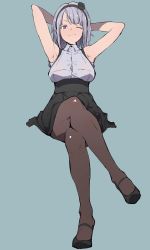 Rule 34 | 10s, 1girl, armpits, arms behind head, arms up, black flower, black rose, blue background, breasts, commentary request, crossed legs, dagashi kashi, flower, hair flower, hair ornament, hairband, high-waist skirt, highres, invisible chair, jikatarou, large breasts, looking at viewer, no bra, one eye closed, pantyhose, purple eyes, purple hair, rose, shidare hotaru, shoes, short hair, sitting, skirt, smile, solo, suspender skirt, suspenders