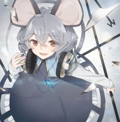 Rule 34 | 1girl, album cover, animal ears, capelet, cover, dowsing rod, dress, gem, grey dress, grey hair, hayashi kewi, headphones, jewelry, looking at viewer, lowres, mouse ears, mouse tail, nazrin, necklace, open mouth, pendant, red eyes, smile, solo, tail, touhou