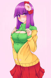 Rule 34 | 1girl, aged up, alternate costume, blush, breasts, cleavage, cleavage cutout, clothing cutout, female focus, flower, hair flower, hair ornament, hazuki kyou, hieda no akyuu, highres, large breasts, looking at viewer, meme attire, open-chest sweater, open chest turtle neck, purple eyes, purple hair, ribbed sweater, short hair, simple background, skirt, smile, solo, sweater, touhou, turtleneck