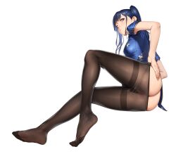 Rule 34 | 1girl, absurdres, ass, beeeeen, blue hair, blue shirt, breasts, brown pantyhose, chinese clothes, clothes pull, commentary request, feet, full body, highres, legs, long hair, looking at viewer, medium breasts, miru tights, nakabeni yua, one eye closed, pantyhose, pantyhose pull, shirt, short sleeves, simple background, sitting, solo, twintails, white background