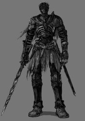 Rule 34 | 1other, armor, armored boots, belt, boots, breastplate, cape, chain, commentary, dark souls (series), dark souls iii, dated commentary, full armor, full body, gauntlets, greyscale, helmet, highres, holding, holding sword, holding weapon, knight, monochrome, other focus, pants, pauldrons, scabbard, sheath, shirt, shoulder armor, simple background, solo, soul of cinder, standing, sword, torn cape, torn clothes, weapon, xoo (user xzpt5477)