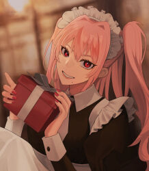 Rule 34 | 1girl, absurdres, apron, blurry, blurry background, collared shirt, earrings, frills, gift, grin, hair between eyes, highres, holding, holding gift, jewelry, long hair, long sleeves, maid, maid headdress, mole, mole under eye, mole under mouth, necktie, original, pink hair, red eyes, red nails, sh (sh1030f), shirt, sleeve cuffs, slit pupils, smile, solo, stud earrings, twintails