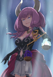 Rule 34 | 1girl, \||/, aura (sousou no frieren), black gloves, black shirt, blue eyes, braid, breasts, cleavage, clothing cutout, commentary request, cowboy shot, demon girl, demon horns, elbow gloves, fire, gloves, highres, horns, long hair, looking at viewer, masaki shino, medium breasts, navel, navel cutout, open mouth, purple fire, purple hair, shirt, side braid, skirt, smile, solo, sousou no frieren, strapless, strapless shirt, teeth, upper teeth only, weighing scale, white fire, white skirt