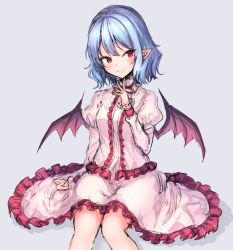 Rule 34 | 1girl, :&gt;, bat wings, blue hair, closed mouth, frilled skirt, frills, hand up, junior27016, long sleeves, pink skirt, pointy ears, red eyes, remilia scarlet, simple background, sitting, skirt, skirt set, smile, solo, touhou, wings, wrist cuffs