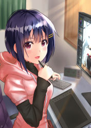 Rule 34 | 1girl, akiyama0818, alarm clock, armchair, black shirt, blouse, blue hair, blurry, blurry background, blush, bokutachi no remake, chair, clock, commentary, curtains, dark blue hair, depth of field, digital clock, drawing, drawing tablet, from side, hair ornament, hairclip, highres, hood, hood down, hooded jacket, indoors, jacket, keyboard (computer), light, light rays, looking at viewer, looking to the side, monitor, on chair, open mouth, pink jacket, pink lips, purple eyes, shino aki, shiny skin, shirt, short hair, sitting, smile, solo, stylus, table, upper body, window
