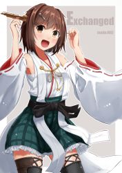 Rule 34 | 1girl, :d, blush, brown eyes, brown hair, commentary request, cosplay, detached sleeves, frilled skirt, frills, furutaka (kancolle), green skirt, hair ornament, hairclip, headgear, hiei (kancolle), hiei (kancolle) (cosplay), kantai collection, namae hamada, nontraditional miko, open mouth, plaid, plaid skirt, ribbon-trimmed sleeves, ribbon trim, short hair, skirt, smile, solo, thighhighs