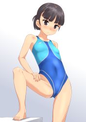 Rule 34 | 1girl, absurdres, barefoot, black eyes, black hair, blue one-piece swimsuit, blunt bangs, chair, competition swimsuit, foot up, hand on own thigh, hand on thigh, highres, looking down, one-piece swimsuit, original, short hair, solo, speedo (company), standing, swimsuit, takafumi